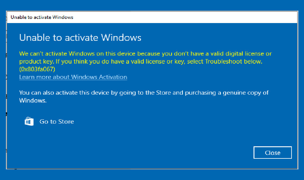 fix Windows 10 Activation Error 0x803f7001