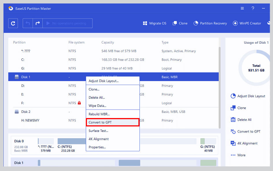 convert to GPT in EaseUD partition