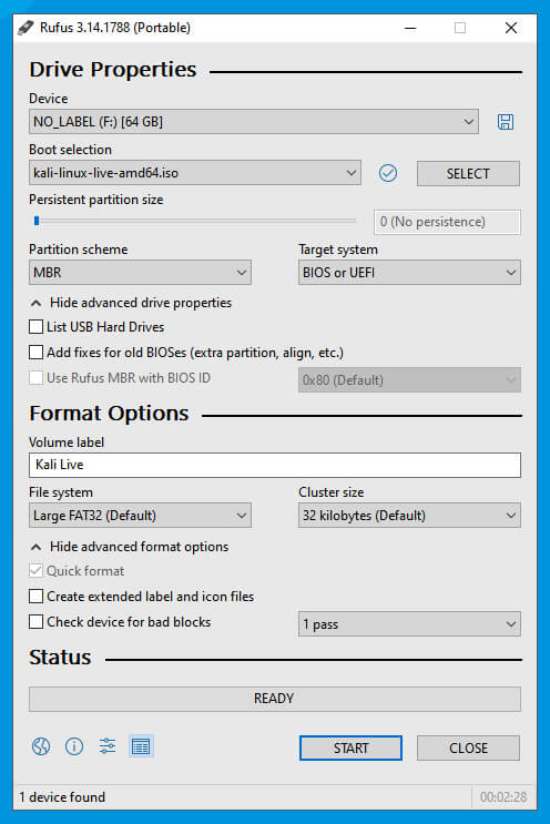 kali linux bootable usb with Rufus