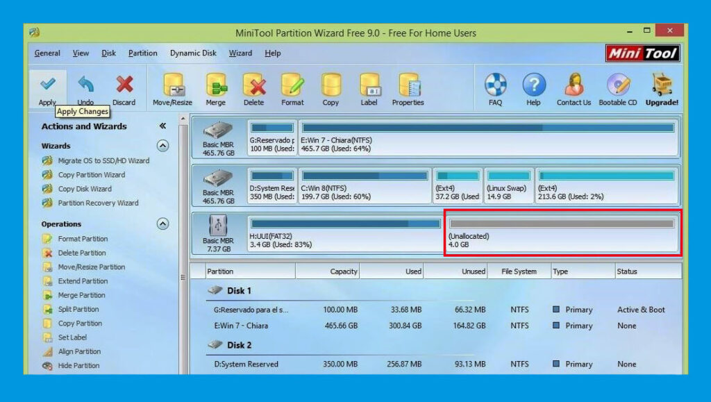 unallocated size on minitool partition wizard