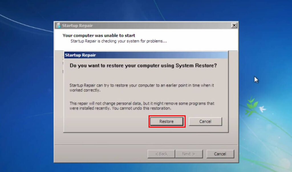 do you want to restore your computer using system restore popup