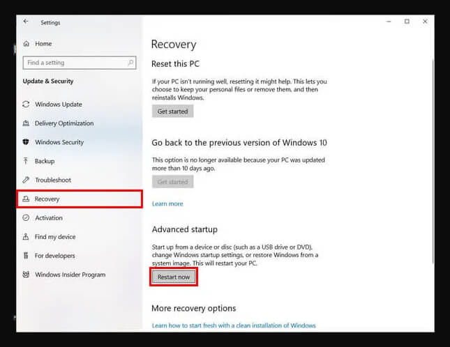 recovery-restart Windows 10