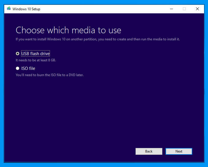 Choose which media to use- bootable USB of Windows 10