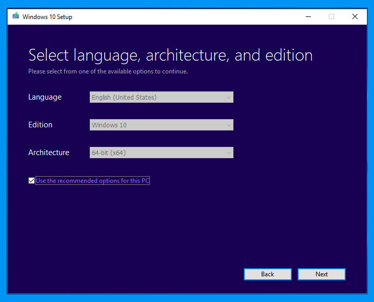 select Language, Edition and Architecture of Windows