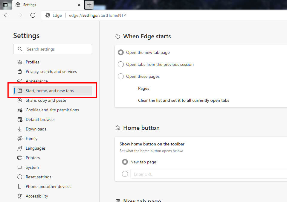 start, home and new tabs Microsoft Edge