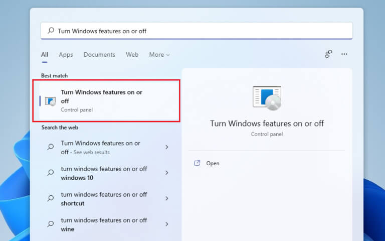 turn windows features on or off- Windows 11