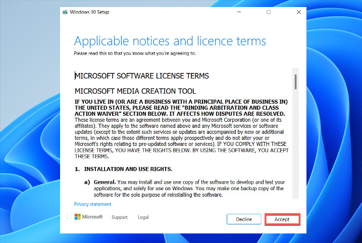 Accept the Microsoft Software License Terms by Windows 10