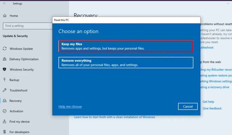 windows 10 reset this pc keep my files