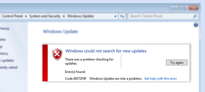 Windows 7 Update errors found code 80072f8f