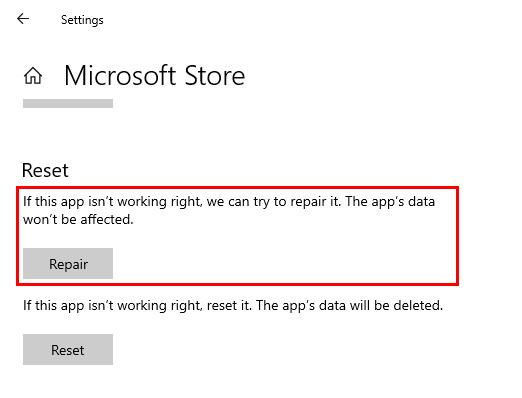 repair Microsoft Store